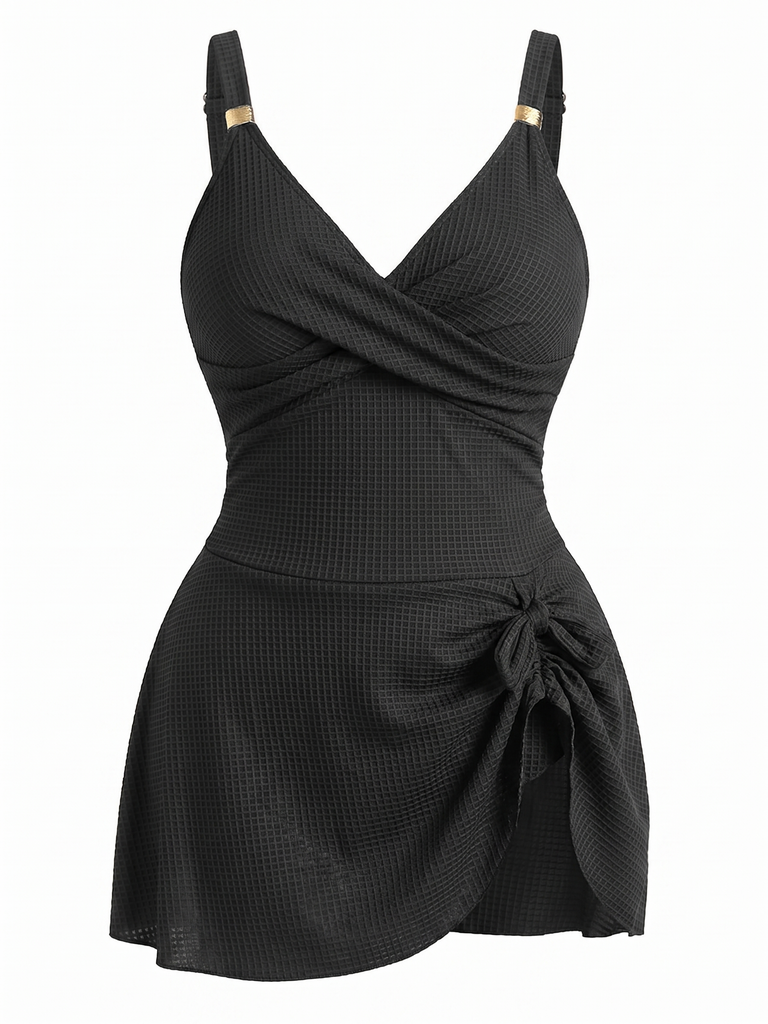 1930s Color Block Ribbed One-Piece Swimsuit, vintage swimsuit, pin-up swimwear, retro beach style, women, elegant