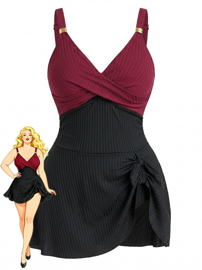 1930s Color Block Ribbed One-Piece Swimsuit, vintage swimsuit, pin-up swimwear, retro beach style, women, elegant