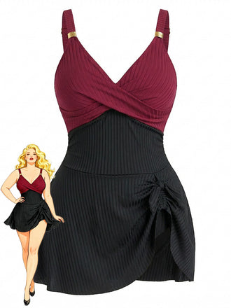 1930s Color Block Ribbed One-Piece Swimsuit, vintage swimsuit, pin-up swimwear, retro beach style, women, elegant