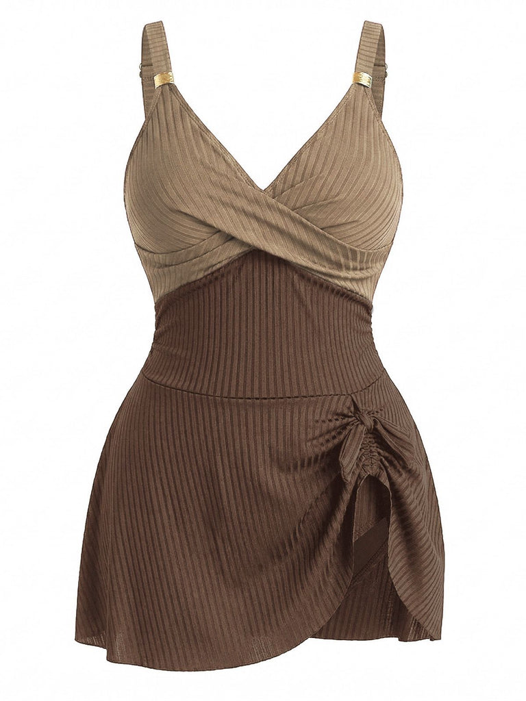 1930s Color Block Ribbed One-Piece Swimsuit, vintage swimsuit, pin-up swimwear, retro beach style, women, elegant