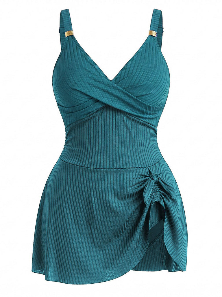 1930s Color Block Ribbed One-Piece Swimsuit, vintage swimsuit, pin-up swimwear, retro beach style, women, elegant