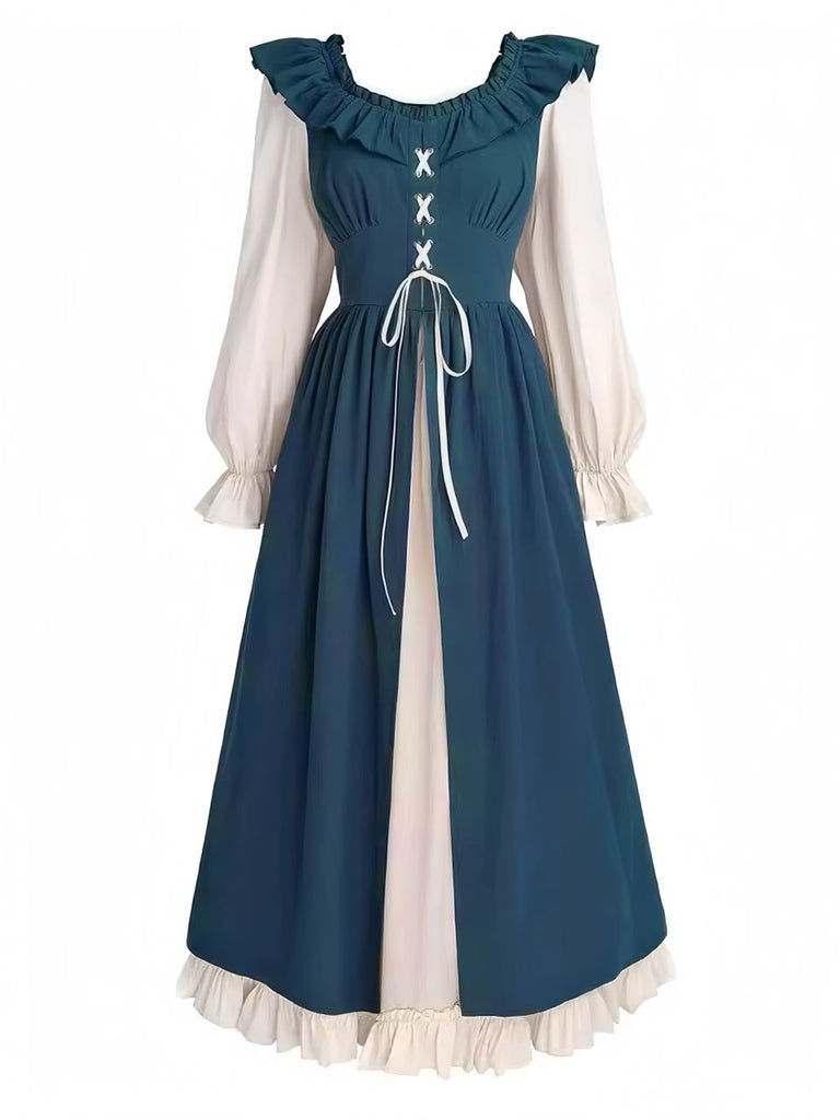 1930s Colorblock Ruffled Lace-Up Renaissance Dress - vintage dress, retro fashion