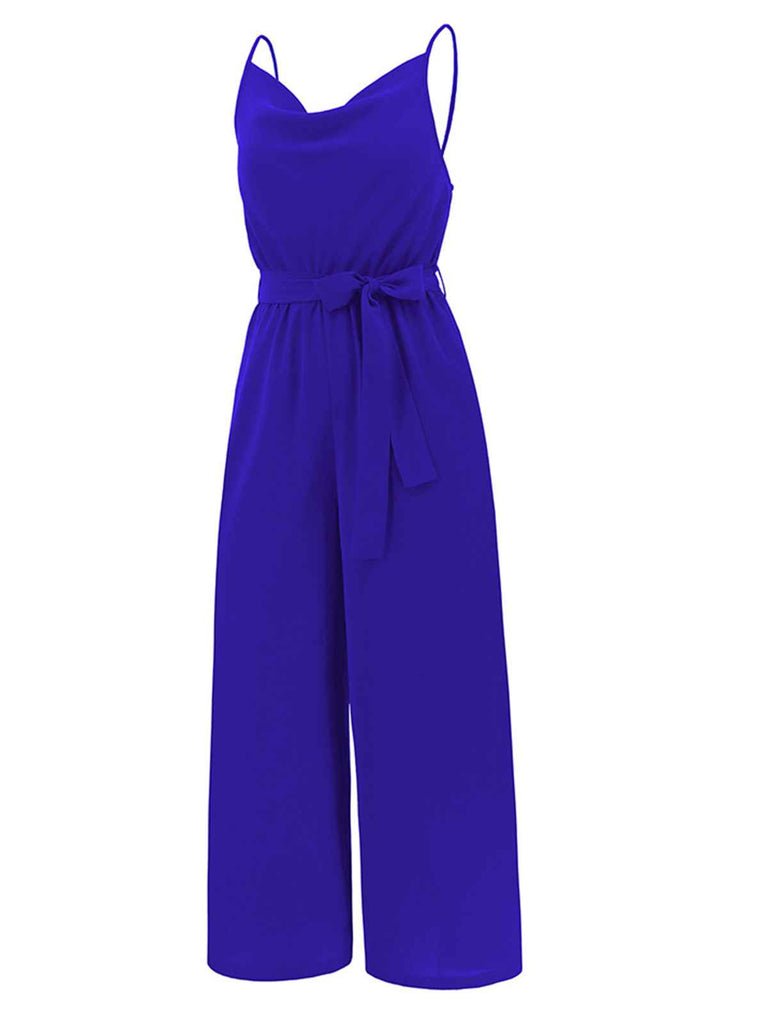 1930s Cowl Neck Spaghetti Strap Solid Belted Jumpsuit: 1930s detail work for the woman who notices