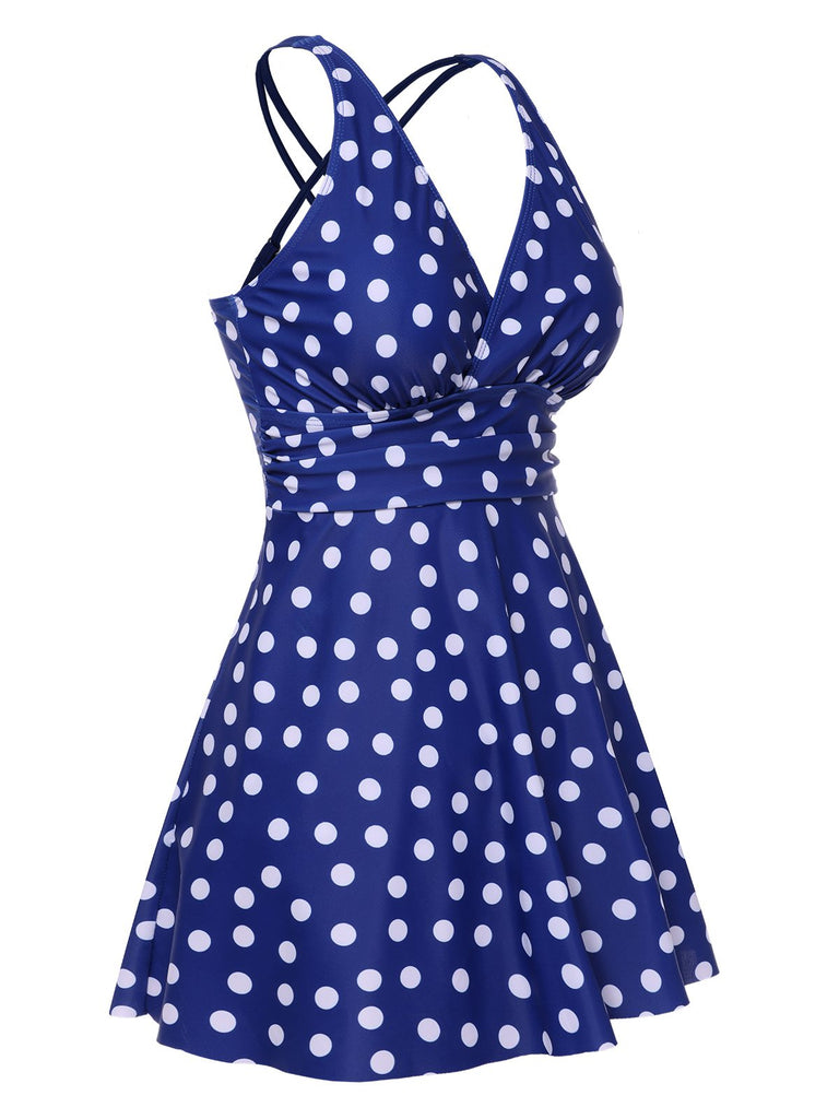 Back view: 1930s 1930s Cross Straps Polka Dots Swimsuit, perfect for retro themed parties, vintage fashion enthusiasts and special occasions