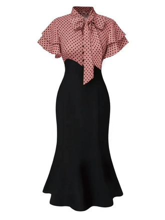 & 1930s Dots Tie Neck Mermaid Dress - vintage dress, retro fashion