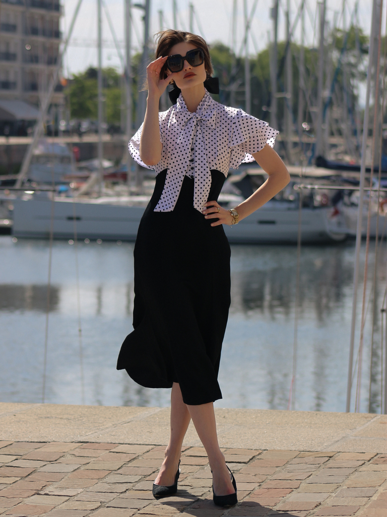 1930s Dots Tie Neck Mermaid Dress - vintage dress, retro fashion