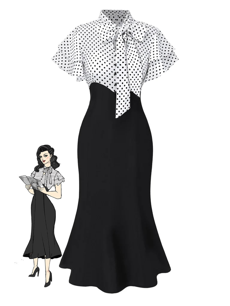 This 1930s Dots Tie Neck Mermaid Dress wraps her in 1930s elegance, one twirl at a time