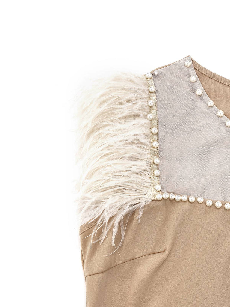 Beige 1930s Beaded & Feather Patchwork Mermaid Dress - vintage dress, retro fashion