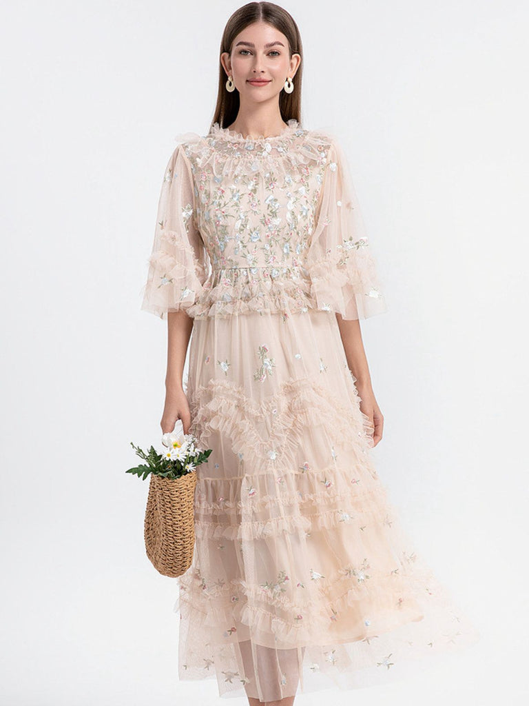 Beige 1930s Floral Embroidery Illusion Mesh Ruffled Dress - vintage dress, retro fashion