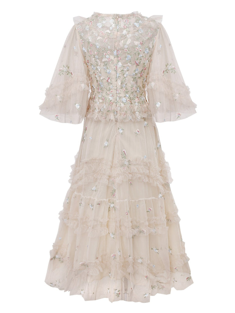 Beige 1930s Floral Embroidery Illusion Mesh Ruffled Dress - vintage dress, retro fashion