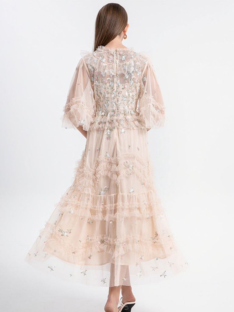 Beige 1930s Floral Embroidery Illusion Mesh Ruffled Dress - vintage dress, retro fashion