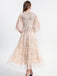 Beige 1930s Floral Embroidery Illusion Mesh Ruffled Dress - vintage dress, retro fashion