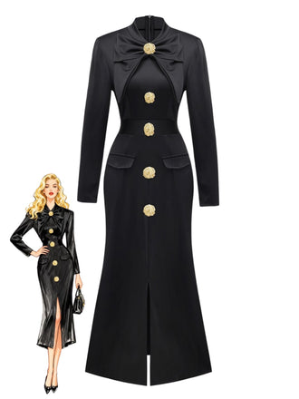 Black 1930s Bow Collar Metal Button Front Slit Dress - vintage dress, retro fashion, classic black