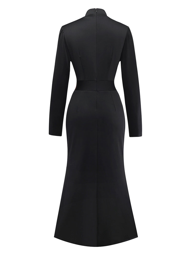 Black 1930s Bow Collar Metal Button Front Slit Dress - vintage dress, retro fashion, classic black