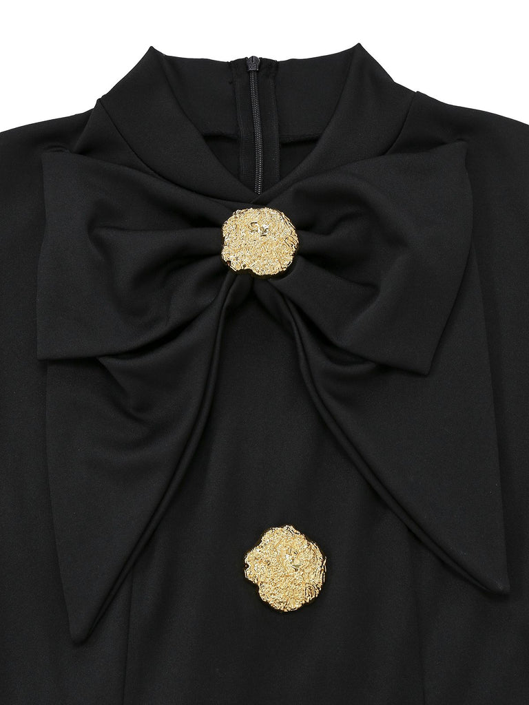 Black 1930s Bow Collar Metal Button Front Slit Dress - vintage dress, retro fashion, classic black