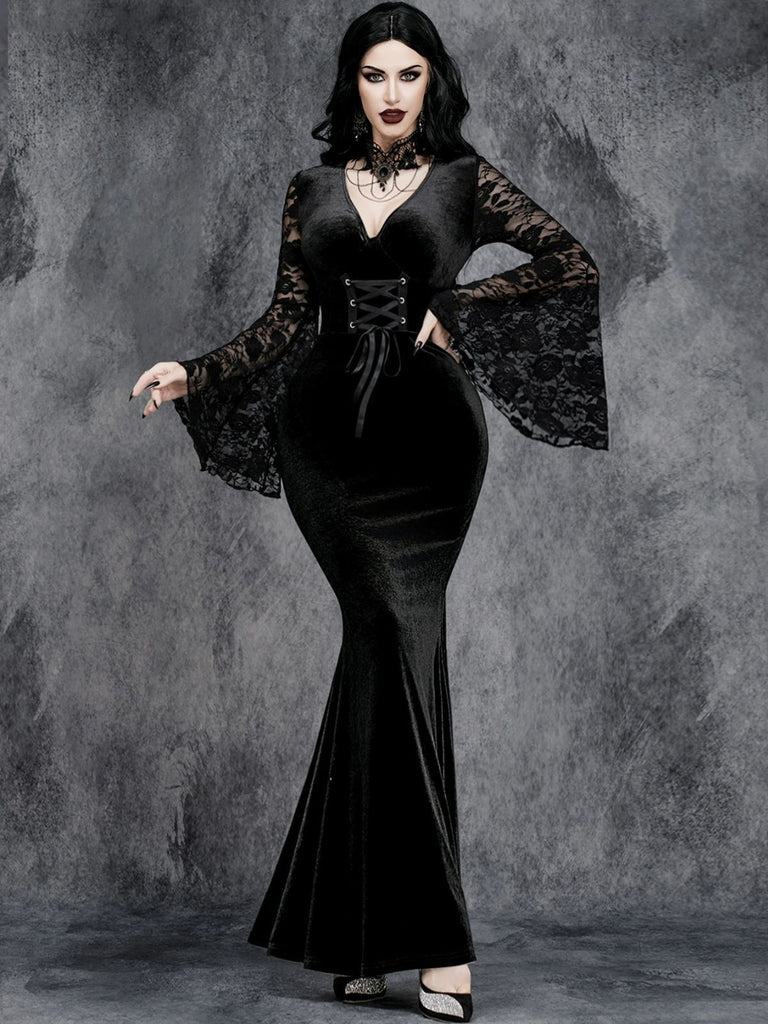 Black 1930s Halloween Lace Bell-Sleeve Bodycon Maxi Dress - vintage dress, retro fashion, classic black
