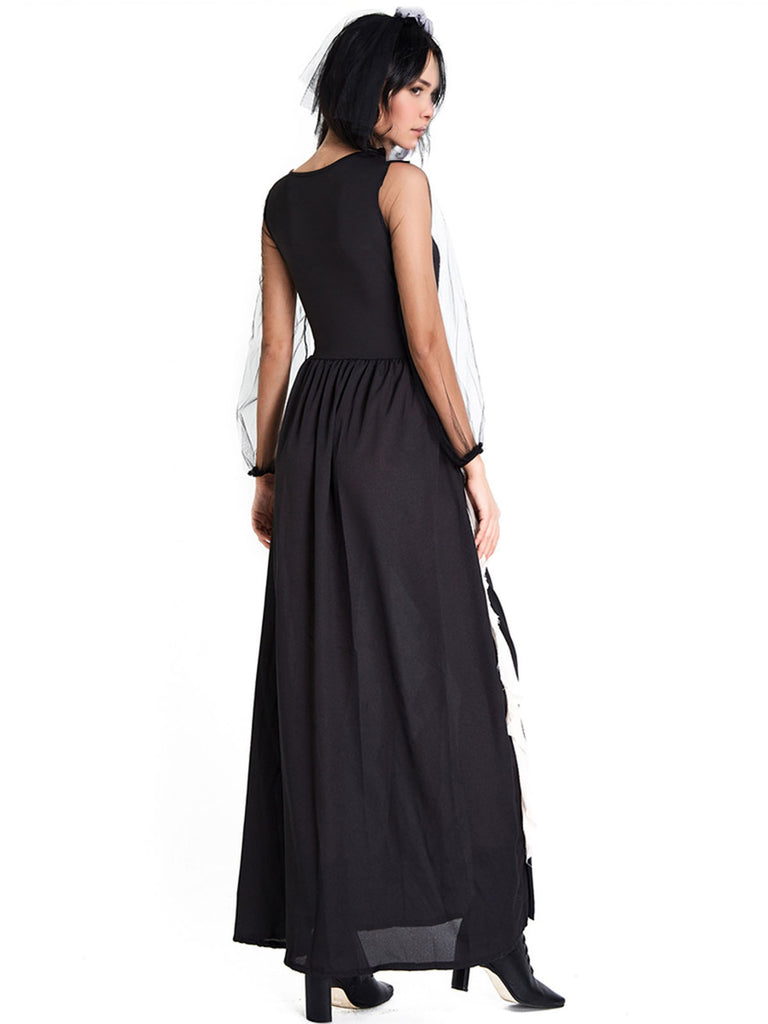 Black 1930s Halloween Skeleton Ruffles Dress With Veil - vintage dress, retro fashion, classic black