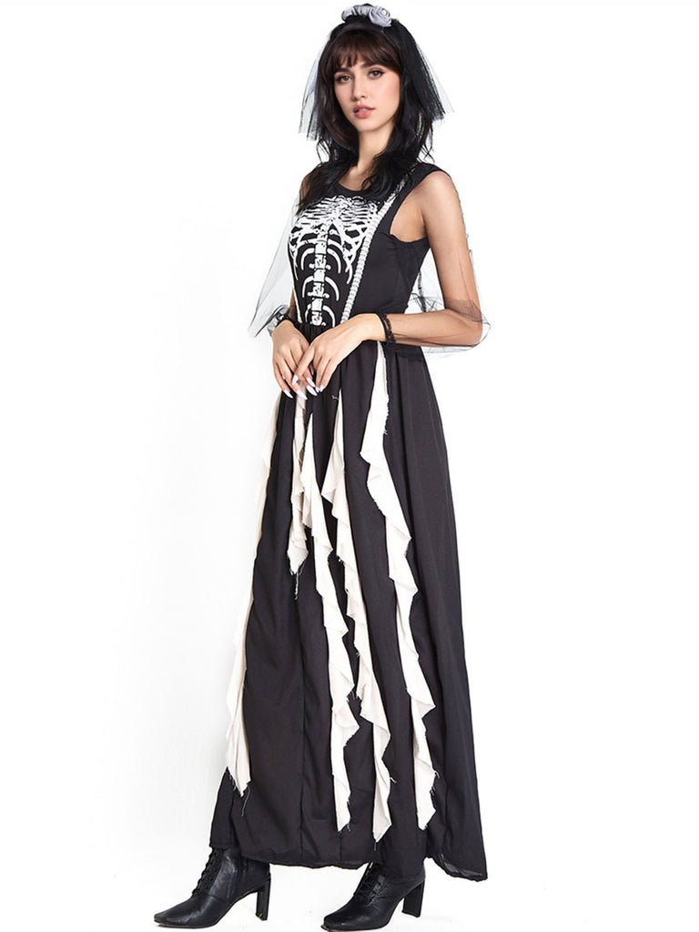Black 1930s Halloween Skeleton Ruffles Dress With Veil - vintage dress, retro fashion, classic black