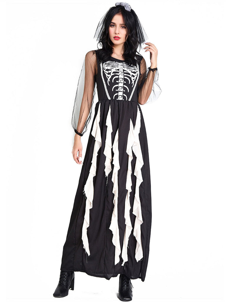Black 1930s Halloween Skeleton Ruffles Dress With Veil - vintage dress, retro fashion, classic black