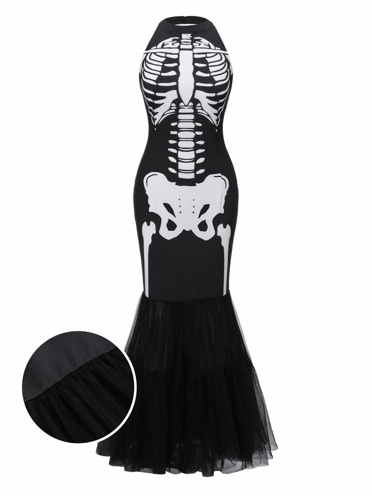 Black & White 1930s Halter Skull Mesh Fishtail Dress - vintage dress, retro fashion, classic black