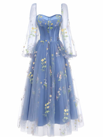 Blue 1930s Floral Embroidered Mesh Long Sleeve Dress - vintage dress, retro fashion, elegant red