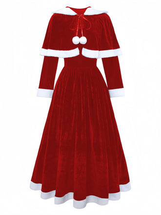 1930s Christmas Mrs. Santa Claus Velvet Dress with Cape - vintage dress, retro fashion