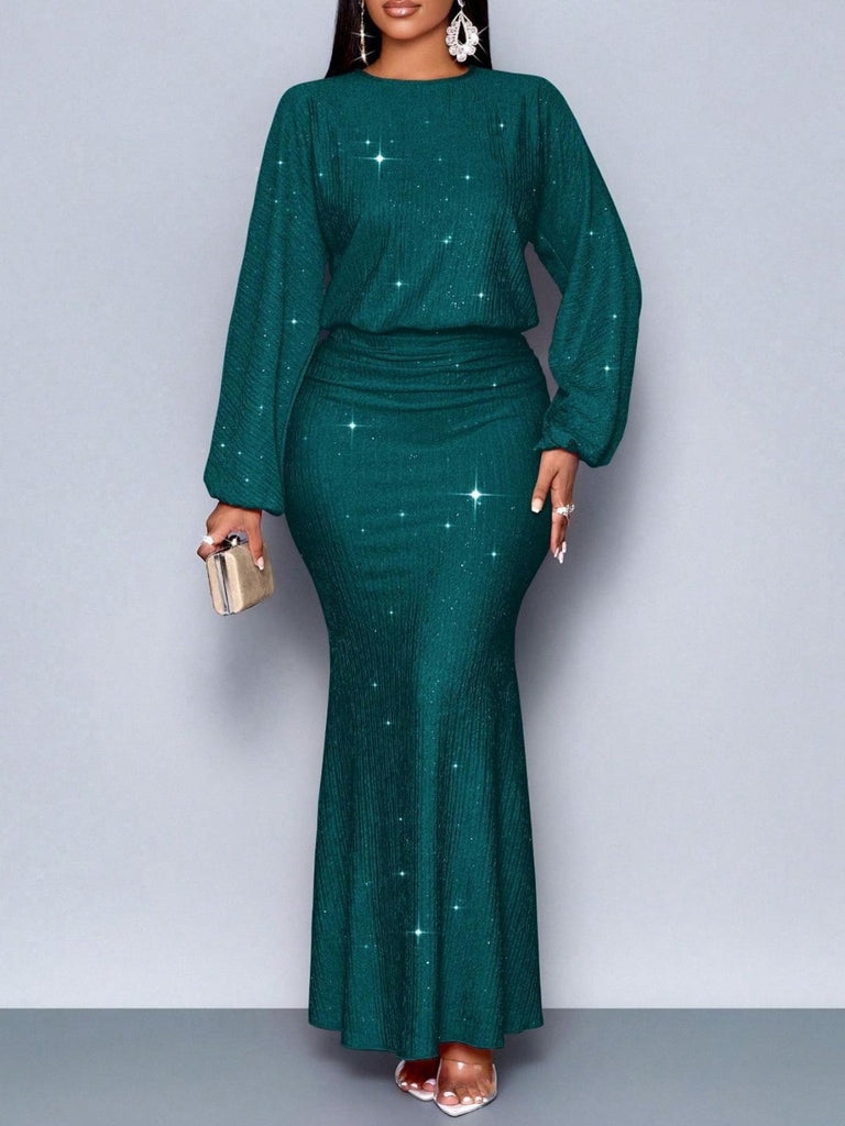1930s Glitter Ruched Lantern Sleeve Knit Fishtail Dress - vintage dress, retro fashion