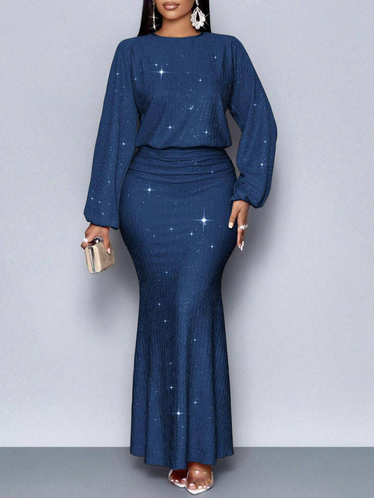 1930s Glitter Ruched Lantern Sleeve Knit Fishtail Dress - vintage dress, retro fashion