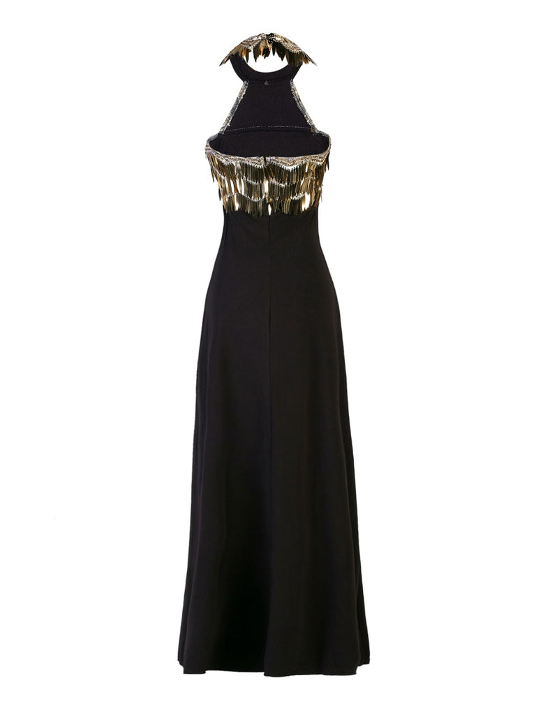 Gold 1930s Sequined Patchwork Halter Backless Evening Dress - vintage dress, retro fashion, glamorous gold