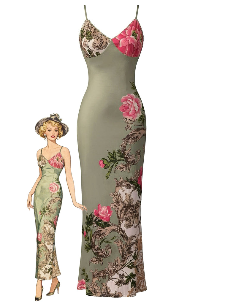 Green 1930s Floral Spaghetti Strap Bodycon Maxi Dress - vintage dress, retro fashion