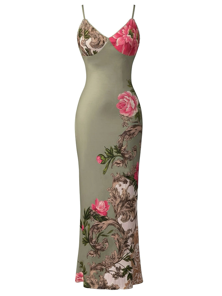 Green 1930s Floral Spaghetti Strap Bodycon Maxi Dress - vintage dress, retro fashion