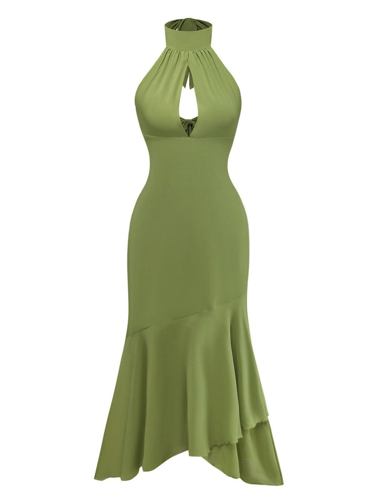 Green 1930s Halter Mesh Backless Chiffon Midi Dress - vintage dress, retro fashion