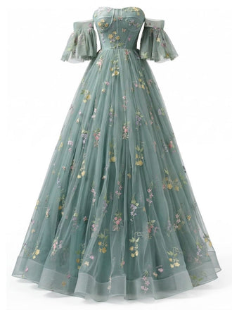 Green 1930s Off-Shoulder Floral Embroidered Tulle Maxi Dress - vintage dress, retro fashion, elegant red