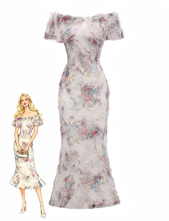 Multicolor 1930s Floral Mesh Off-Shoulder Maxi Dress - vintage dress, retro fashion