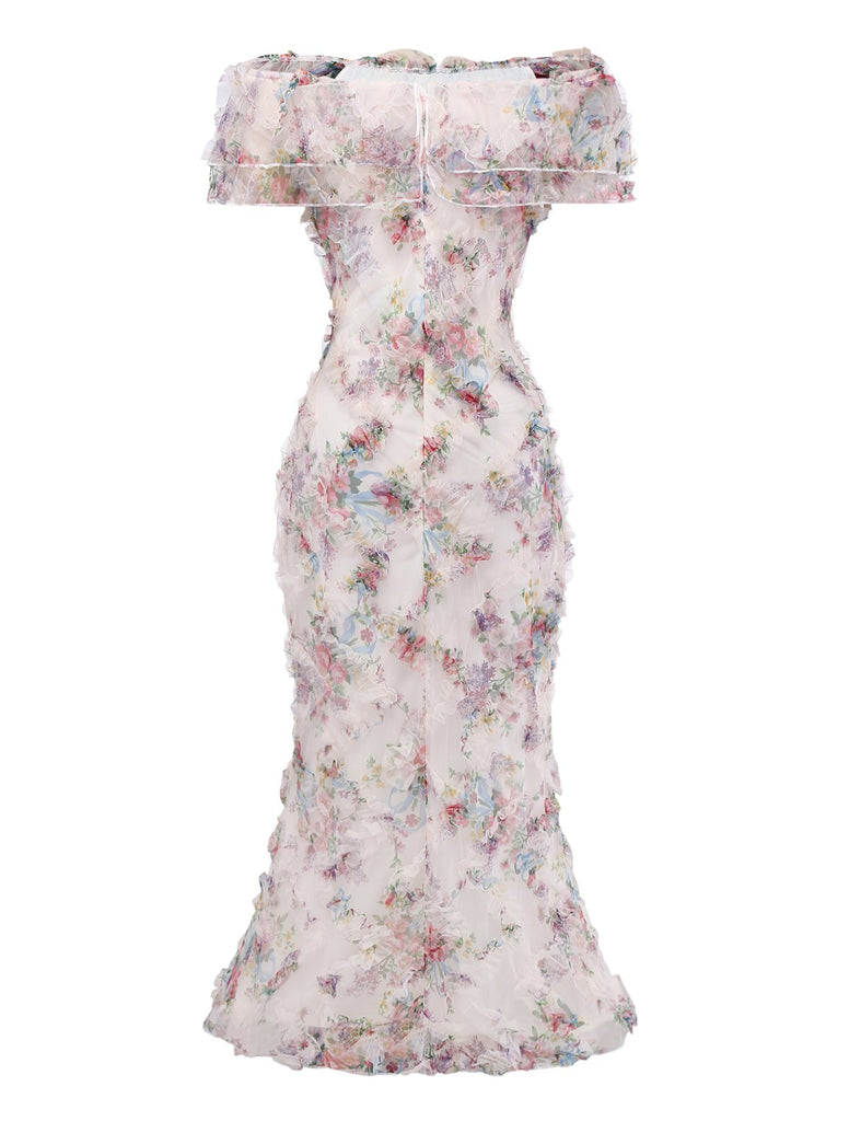 Multicolor 1930s Floral Mesh Off-Shoulder Maxi Dress - vintage dress, retro fashion