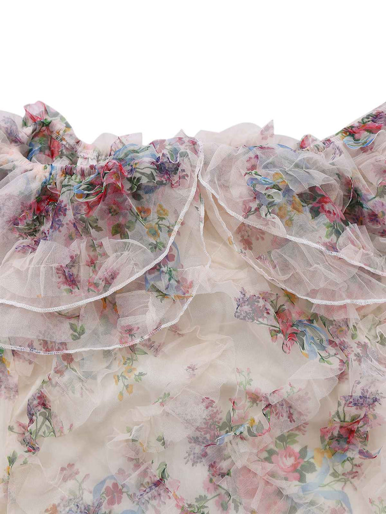 Multicolor 1930s Floral Mesh Off-Shoulder Maxi Dress - vintage dress, retro fashion