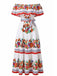 Multicolor 1930s Off-Shoulder Floral Boho Maxi Dress with Belt - vintage dress, retro fashion