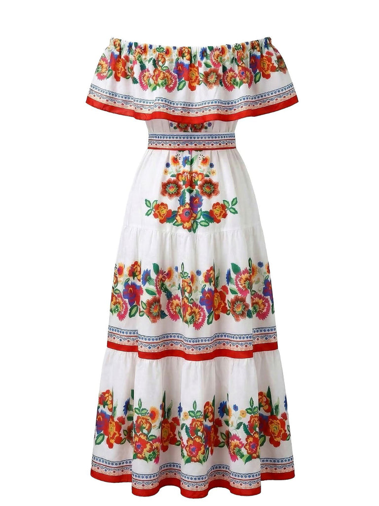 Multicolor 1930s Off-Shoulder Floral Boho Maxi Dress with Belt - vintage dress, retro fashion