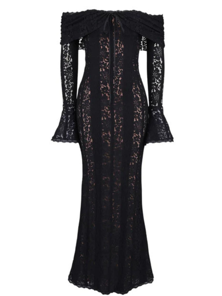 1930s Off-Shoulder Lace Flare Sleeve Maxi Mermaid Dress - vintage dress, retro fashion