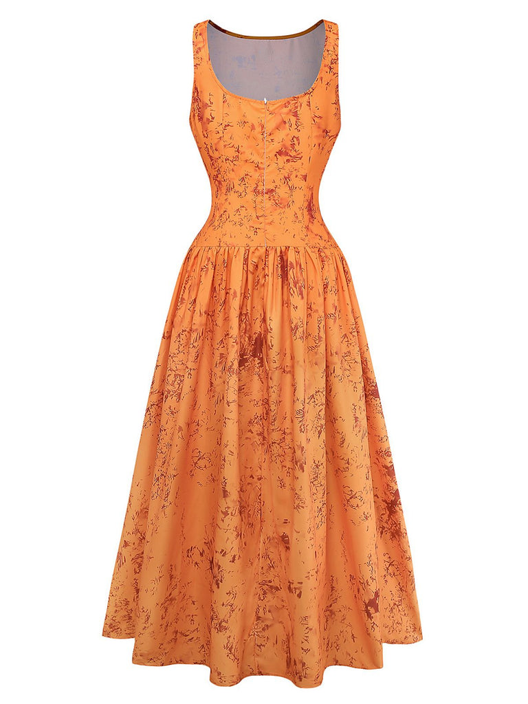 Orange 1930s Cotton Sleeveless Printed Fitted Dress - vintage dress, retro fashion
