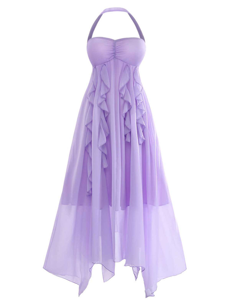 Purple 1930s Halter Ruffle Chiffon Backless Maxi Dress - vintage dress, retro fashion