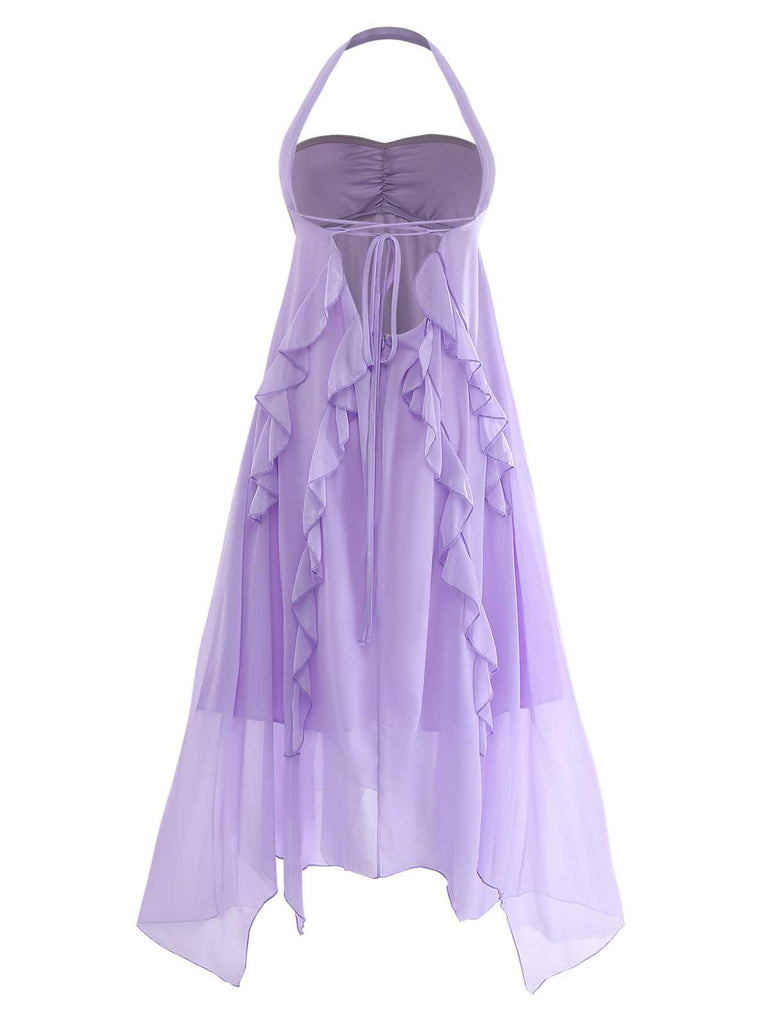 Purple 1930s Halter Ruffle Chiffon Backless Maxi Dress - vintage dress, retro fashion