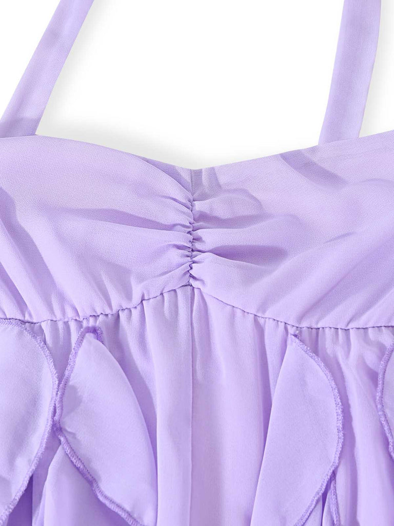 Purple 1930s Halter Ruffle Chiffon Backless Maxi Dress - vintage dress, retro fashion
