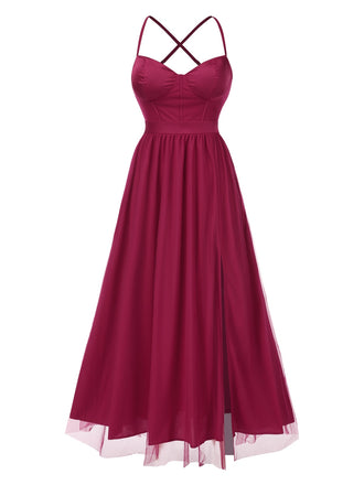 Red 1930s Solid Mesh Spaghetti Straps Evening Dress - vintage dress, retro fashion, elegant red