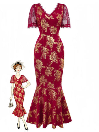 Red 1930s V-Neck Gold Foil Floral Mermaid Sheer Dress - vintage dress, retro fashion, elegant red