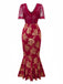 Red 1930s V-Neck Gold Foil Floral Mermaid Sheer Dress - vintage dress, retro fashion, elegant red