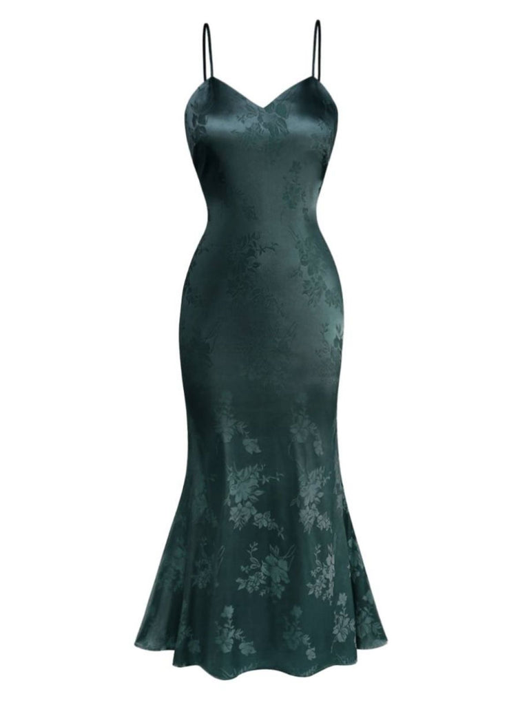1930s Solid Satin Floral Jacquard Slip Mermaid Dress - vintage dress, retro fashion