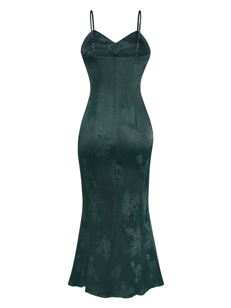 1930s Solid Satin Floral Jacquard Slip Mermaid Dress - vintage dress, retro fashion