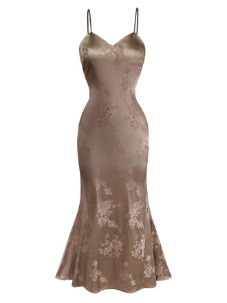 1930s Solid Satin Floral Jacquard Slip Mermaid Dress - vintage dress, retro fashion