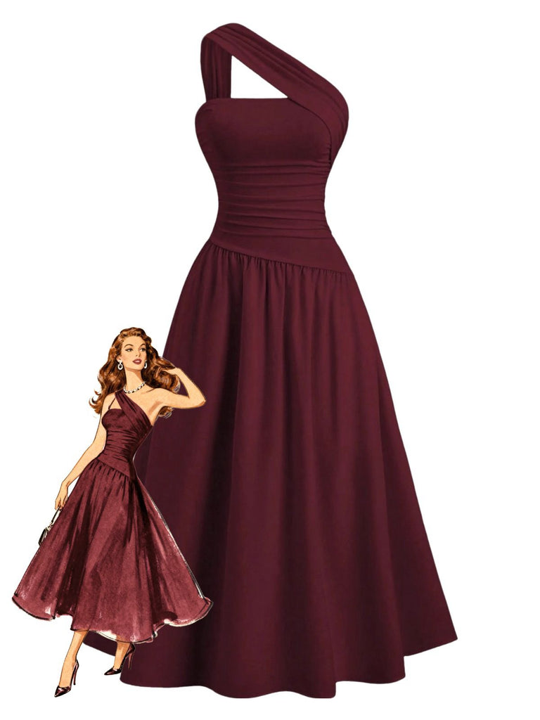 1930s Solid Surplice One-Shoulder Waist Ruched Dress - vintage dress, retro fashion